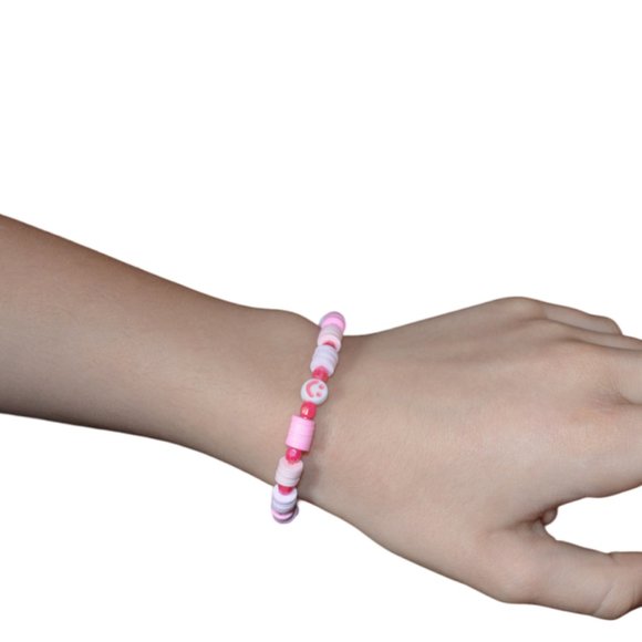 Handmade Clay Beads Elastic Kids Jewelry White Pink Smile Image 2.5 length/half - Picture 1 of 4